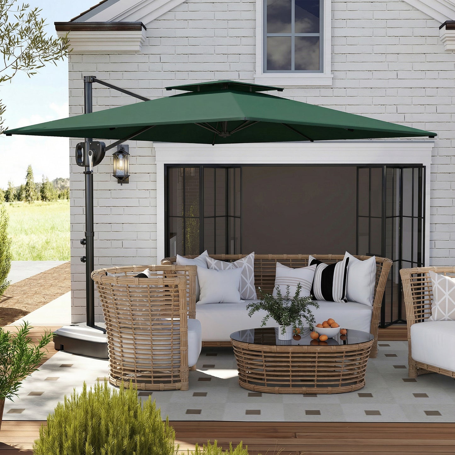 Outsunny Cantilever Parasol with Weighted Base Double Top Garden Parasol Square Hanging Patio Umbrella with Crank Tilt Dark Green