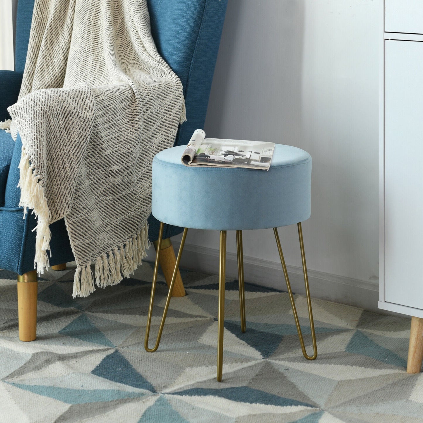 Velvet Modern Round Footstool Ottoman Makeup Dressing Chair-Blue