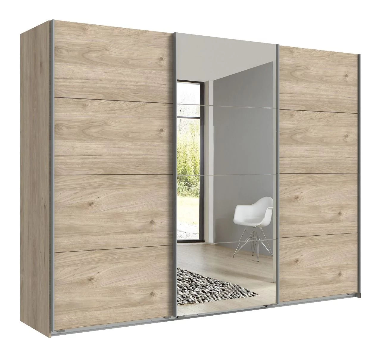 Erasmus 3 Door Mirrored Sliding Wardrobe - Hickory Oak