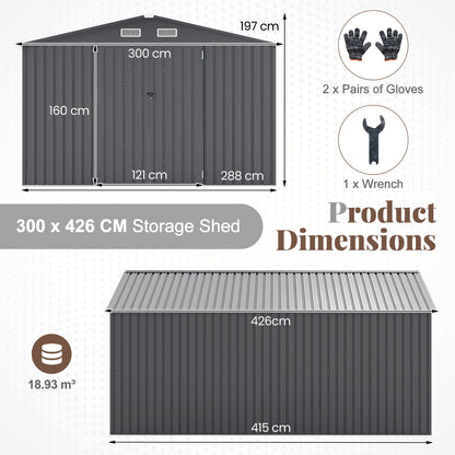 426 cm x 300 cm Outdoor Storage Shed Large Garden Tool House-Dark Grey