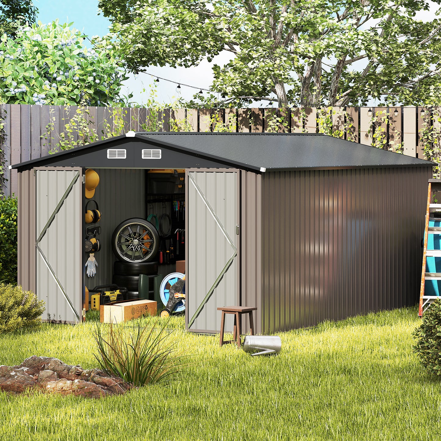 426 cm x 300 cm Outdoor Storage Shed Large Garden Tool House-Grey