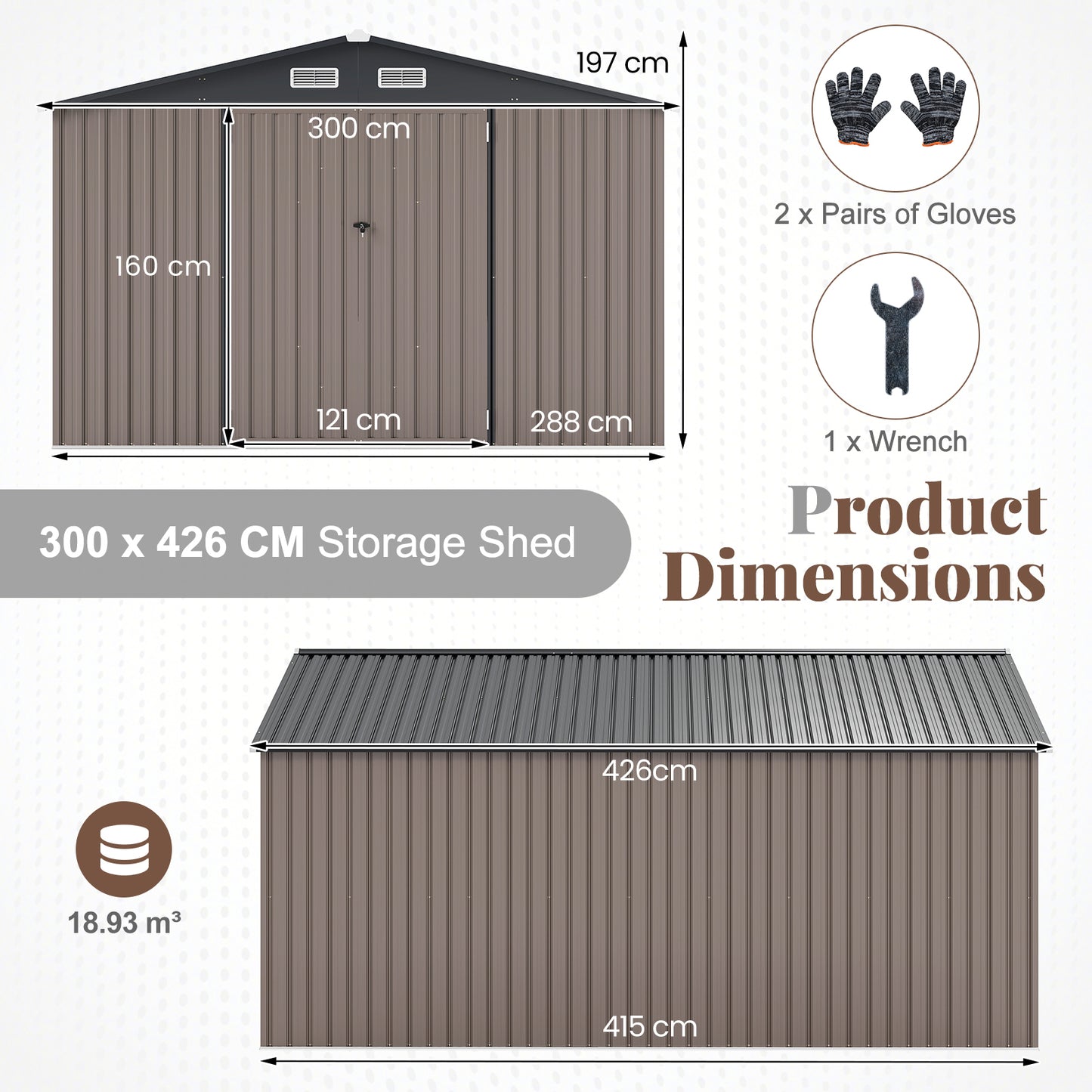 426 cm x 300 cm Outdoor Storage Shed Large Garden Tool House-Grey