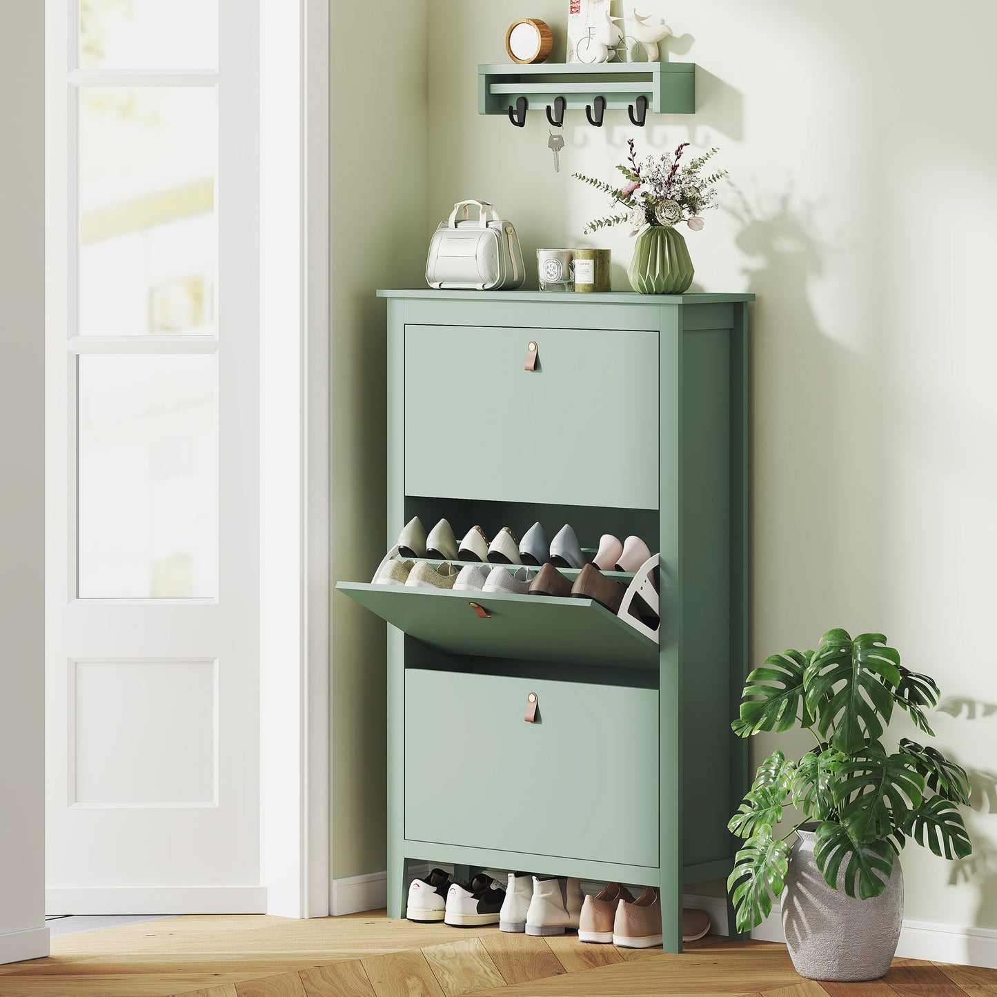 HOMCOM Modern Three-Drawer Shoe Cabinet - Green