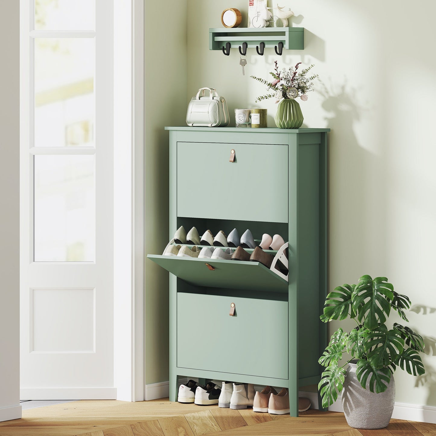 HOMCOM Modern Three-Drawer Shoe Cabinet - Green