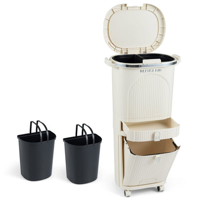 42L Kitchen Trash Can with Lid and 2 Detachable Buckets-Beige