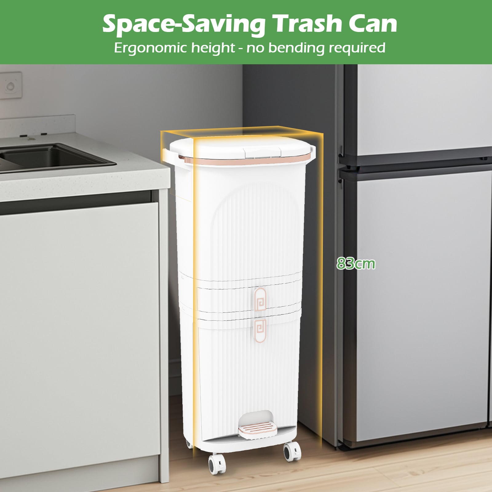 42L Kitchen Trash Can with Lid and 2 Detachable Buckets-White