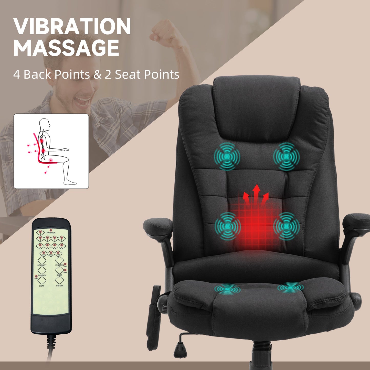 Vinsetto Massage Recliner Chair Heated Office Chair with Six Massage Points Linen-Feel Fabric 360¡ Swivel Wheels Black