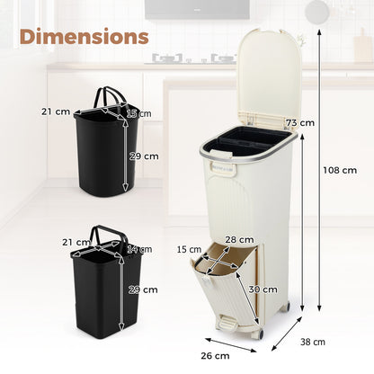 43L Kitchen Trash Can with Lid Double-Layer Sorting Trash Bin-Beige