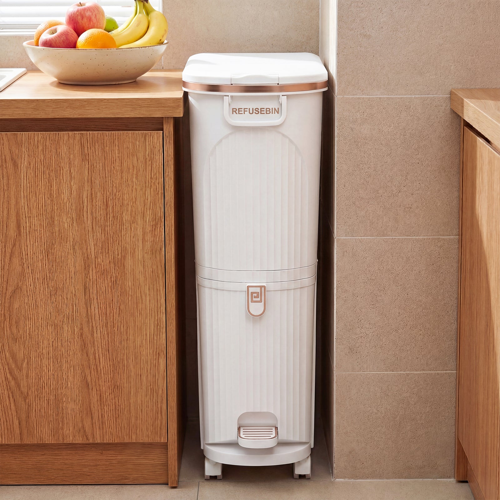 43L Kitchen Trash Can with Lid Double-Layer Sorting Trash Bin-White