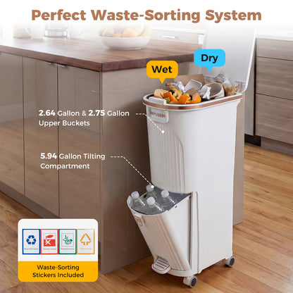 43L Kitchen Trash Can with Lid Double-Layer Sorting Trash Bin-White