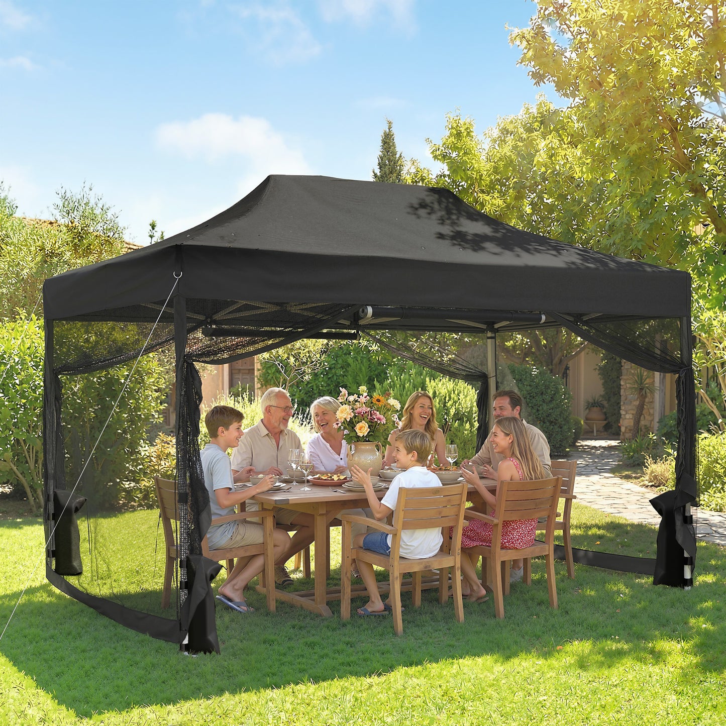 Outsunny 3 x 4.5 m Pop Up Gazebo with Mesh Nettings, UPF50+ Heavy Duty Outdoor Garden Party Tent Marquee, Black
