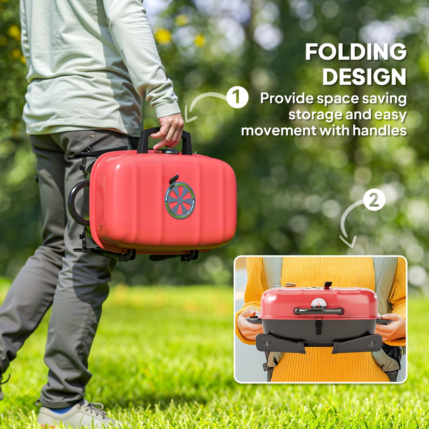 Outsunny Charcoal Barbecue Grill Folding BBQ Grill with 1232 cmÂ² Cooking Area, Adjustable Vent, Thermometer, Handles for Camping Picnic, Red