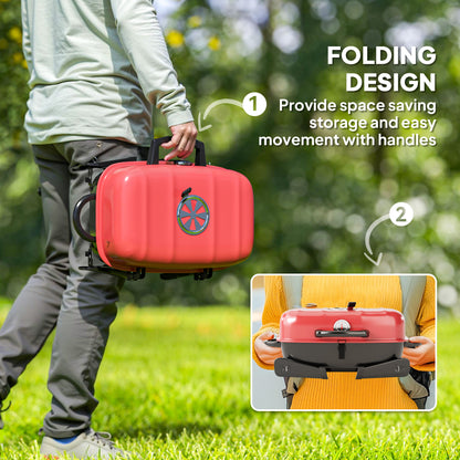 Outsunny Charcoal Barbecue Grill Folding BBQ Grill with 1232 cmÂ² Cooking Area, Adjustable Vent, Thermometer, Handles for Camping Picnic, Red