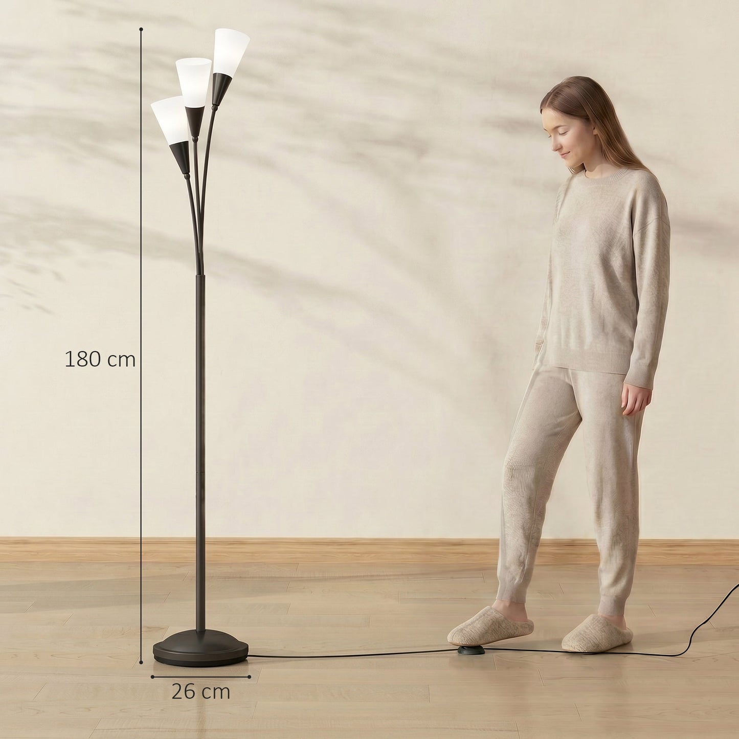 HOMCOM Modern Standing Lamp, 3-Light Upright Floor Lamps for Living Room, Black