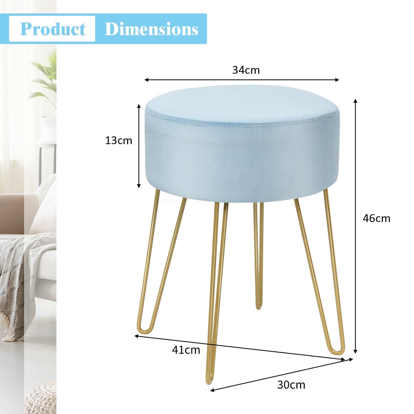 Velvet Modern Round Footstool Ottoman Makeup Dressing Chair-Blue