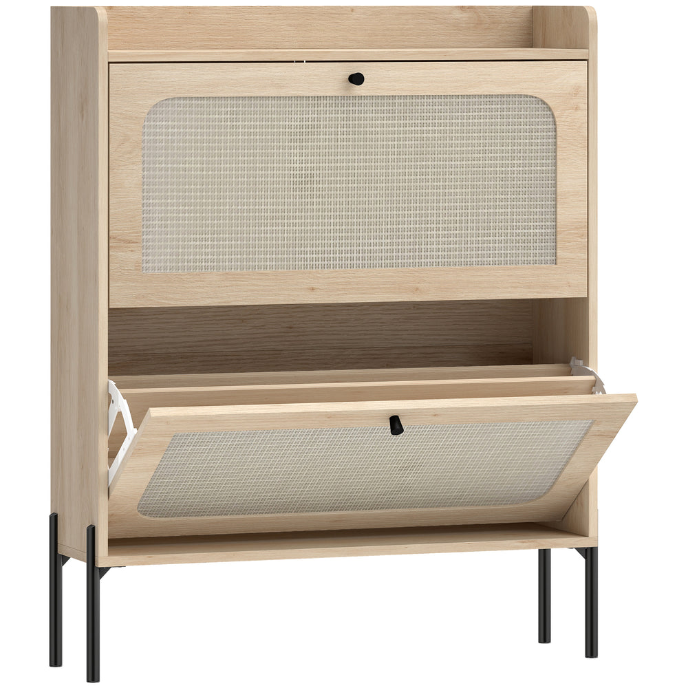 HOMCOM Shoe Cabinet with 2 Flip Drawers, Boho Narrow Shoe Storage Cabinet, Oak