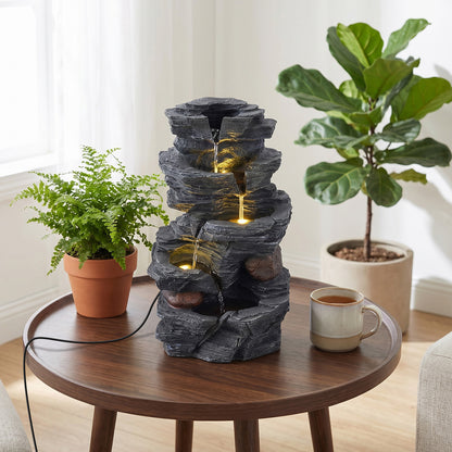 45.5 cm Outdoor Water Fountain with LED Lights and 5-Tier Tabletop Cascading Rock Waterfall Feature