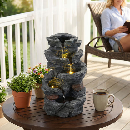 45.5 cm Outdoor Water Fountain with LED Lights and 5-Tier Tabletop Cascading Rock Waterfall Feature