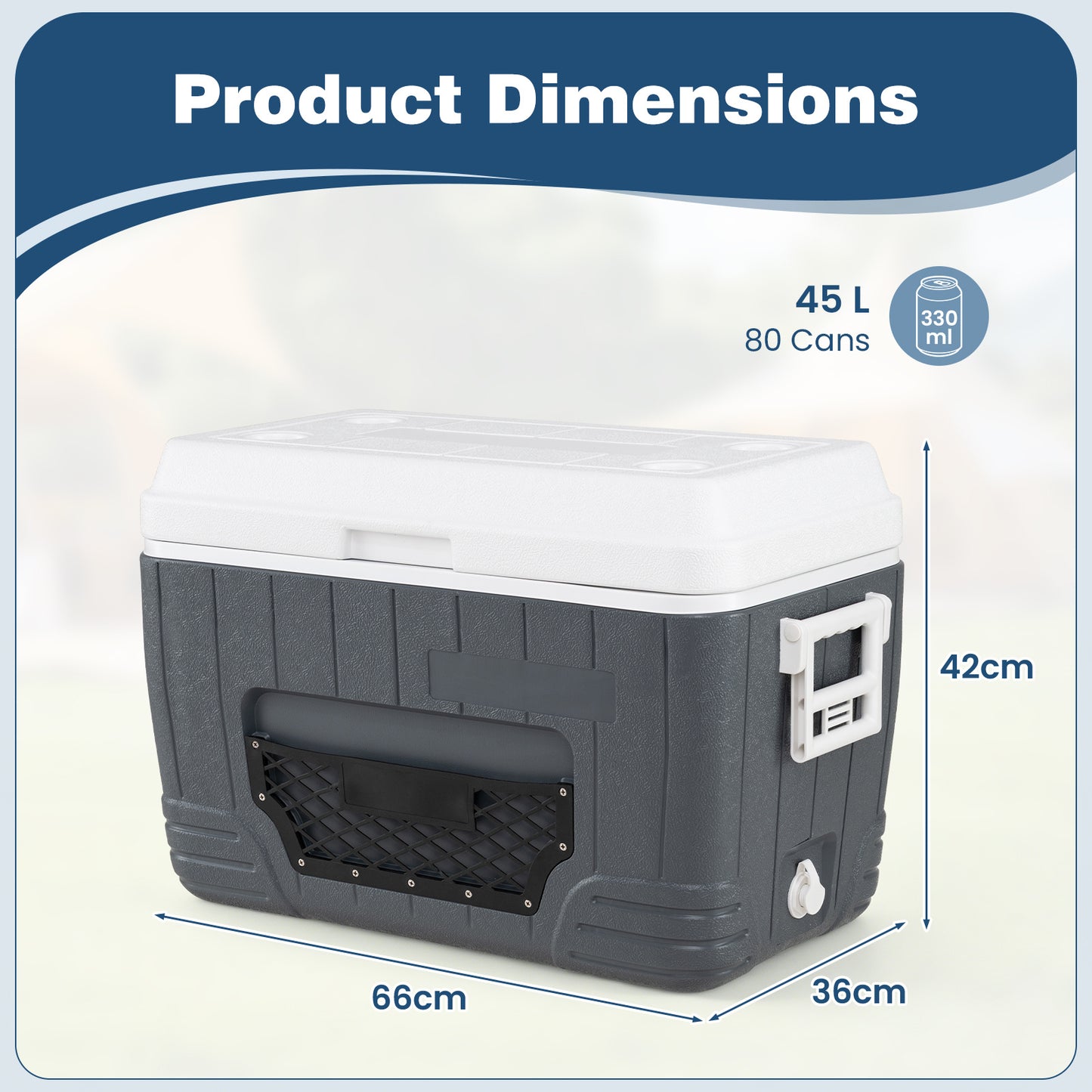 45 L Insulated Portable Cooler Hard Shell with 4 Cup Holders and Drain Plug-Grey
