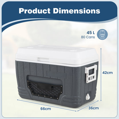 45 L Insulated Portable Cooler Hard Shell with 4 Cup Holders and Drain Plug-Grey