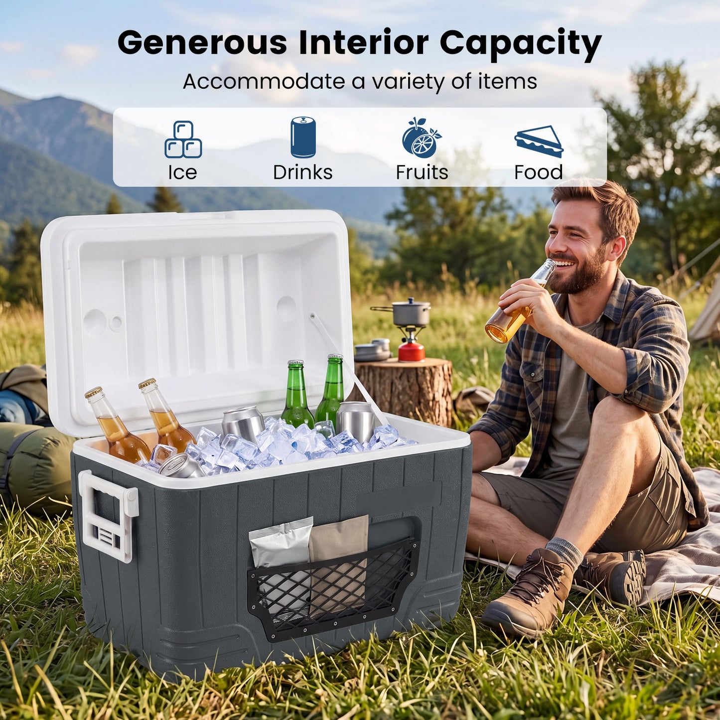 45 L Insulated Portable Cooler Hard Shell with 4 Cup Holders and Drain Plug-Grey