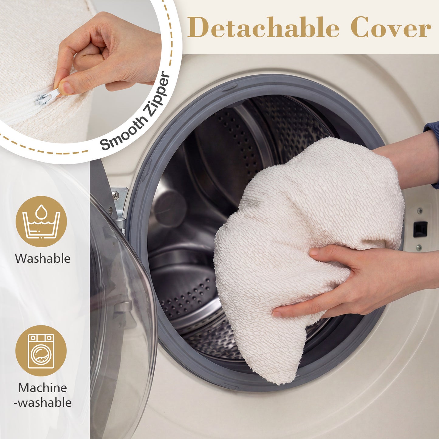 45 cm x 35 cm Round Pouf Ottoman with Loop Yarn Fabric and Machine-washable Cover-White