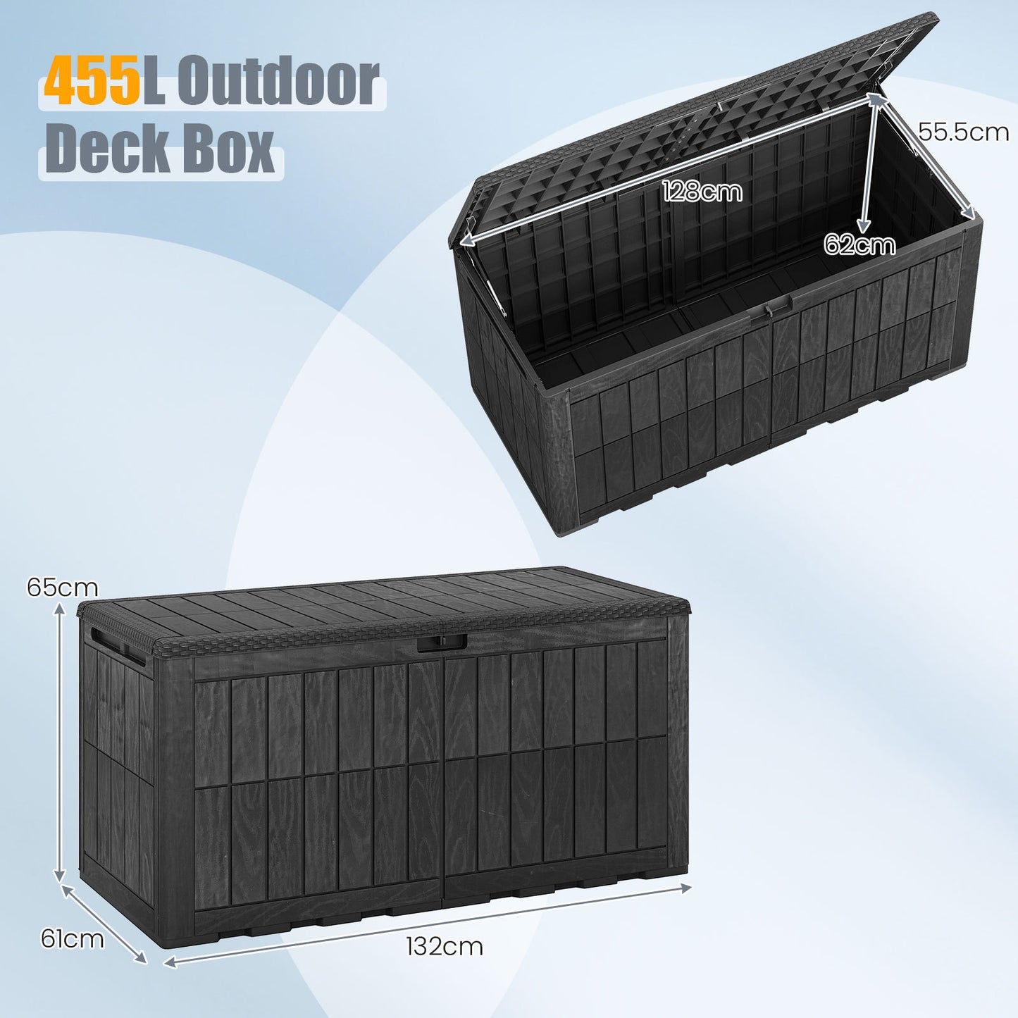 455 L Outdoor Waterproof Lockable Deck Box with Lid and Handles-Black