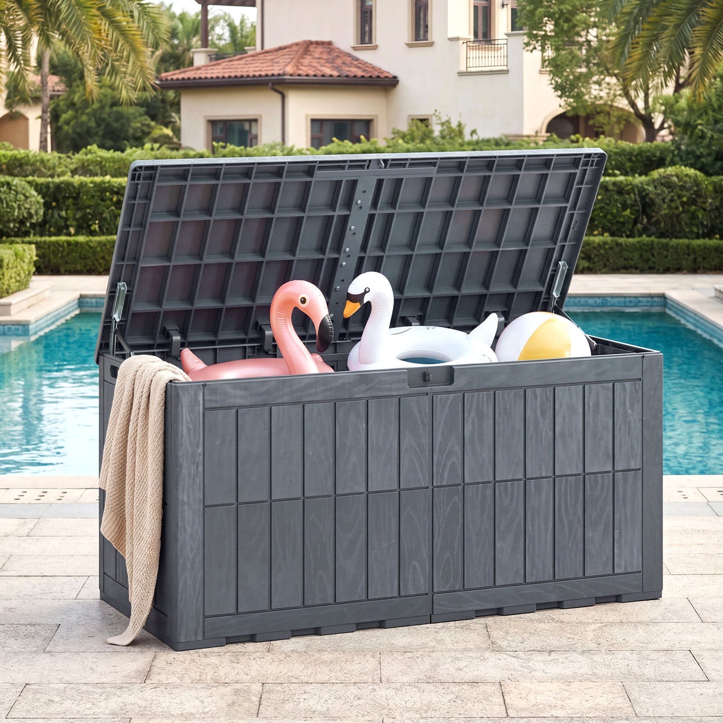 455 L Outdoor Waterproof Lockable Deck Box with Lid and Handles-Grey
