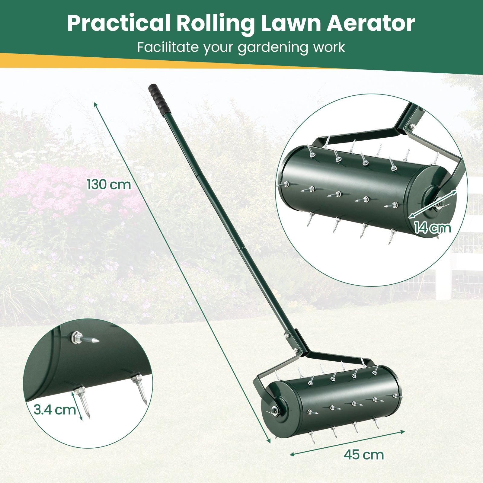 45 cm Manual Rolling Lawn Aerator Tool with 130 cm Detachable Handle-Green