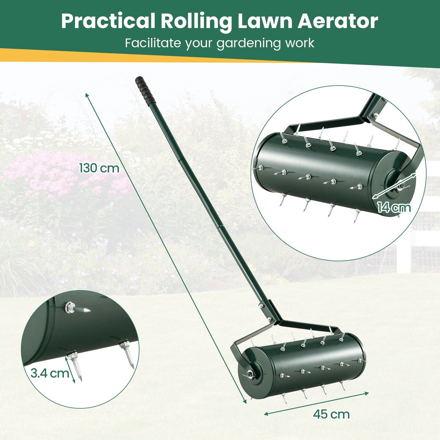 45 cm Manual Rolling Lawn Aerator Tool with 130 cm Detachable Handle-Green