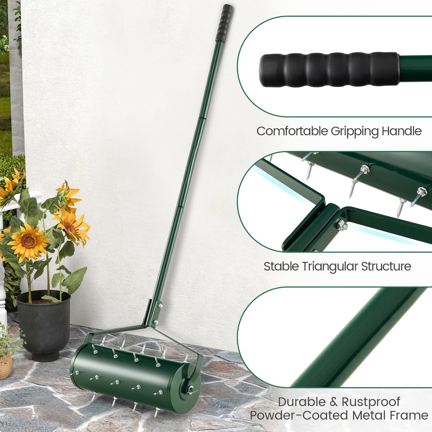 45 cm Manual Rolling Lawn Aerator Tool with 130 cm Detachable Handle-Green
