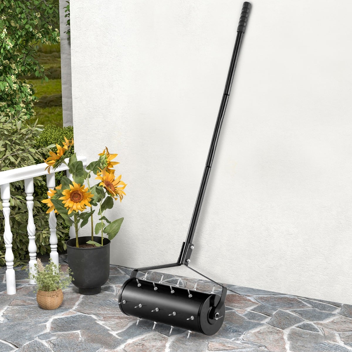 45 cm Manual Rolling Lawn Aerator Tool with 130 cm Detachable Handle-Black