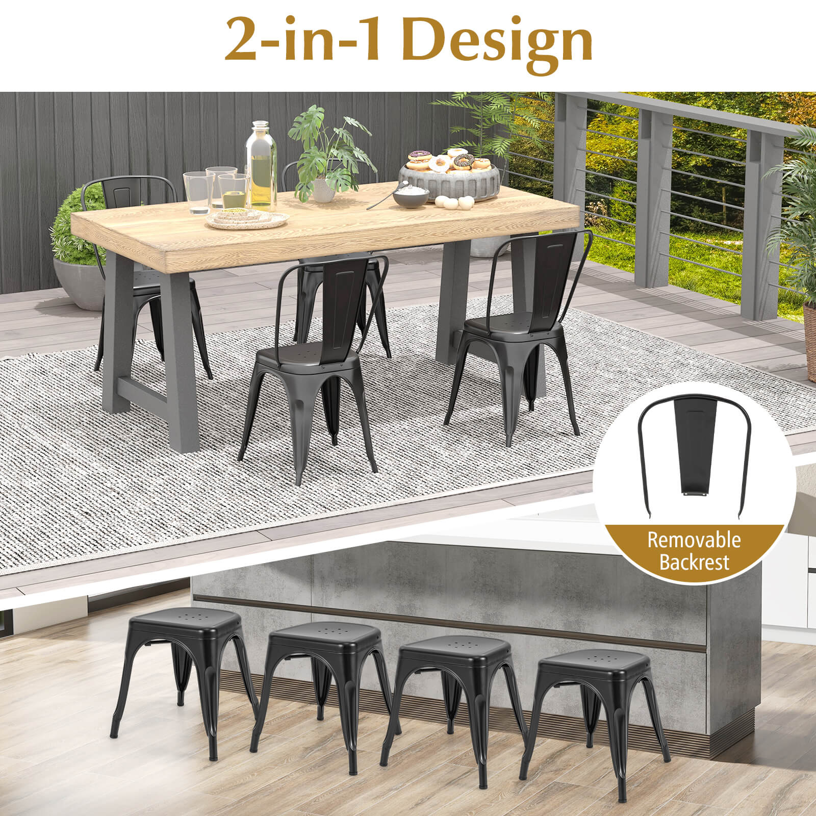 Metal High Back Bar Stools 45cm with Removable Backrest-Black-Set of 4