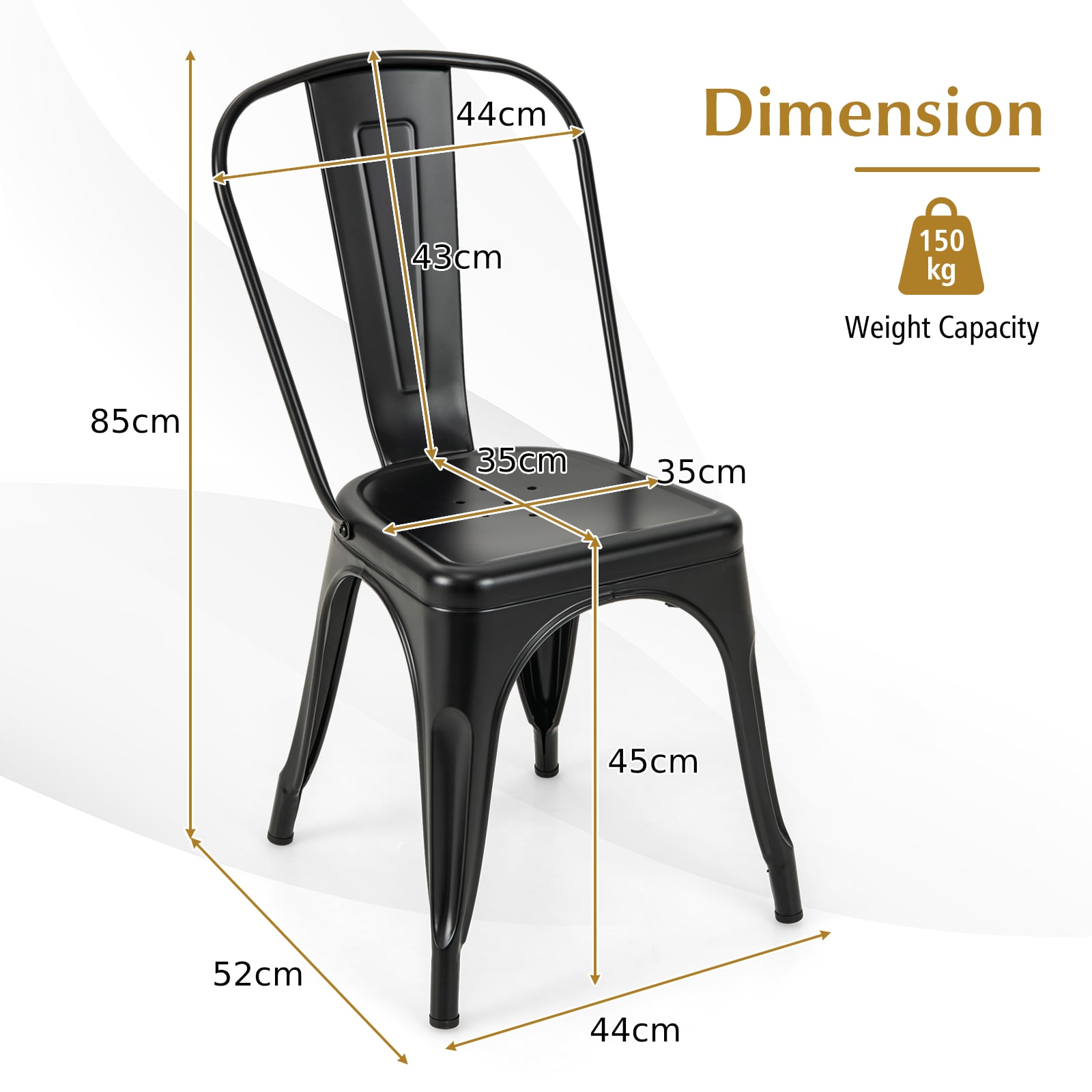 Metal High Back Bar Stools 45cm with Removable Backrest-Black-Set of 4