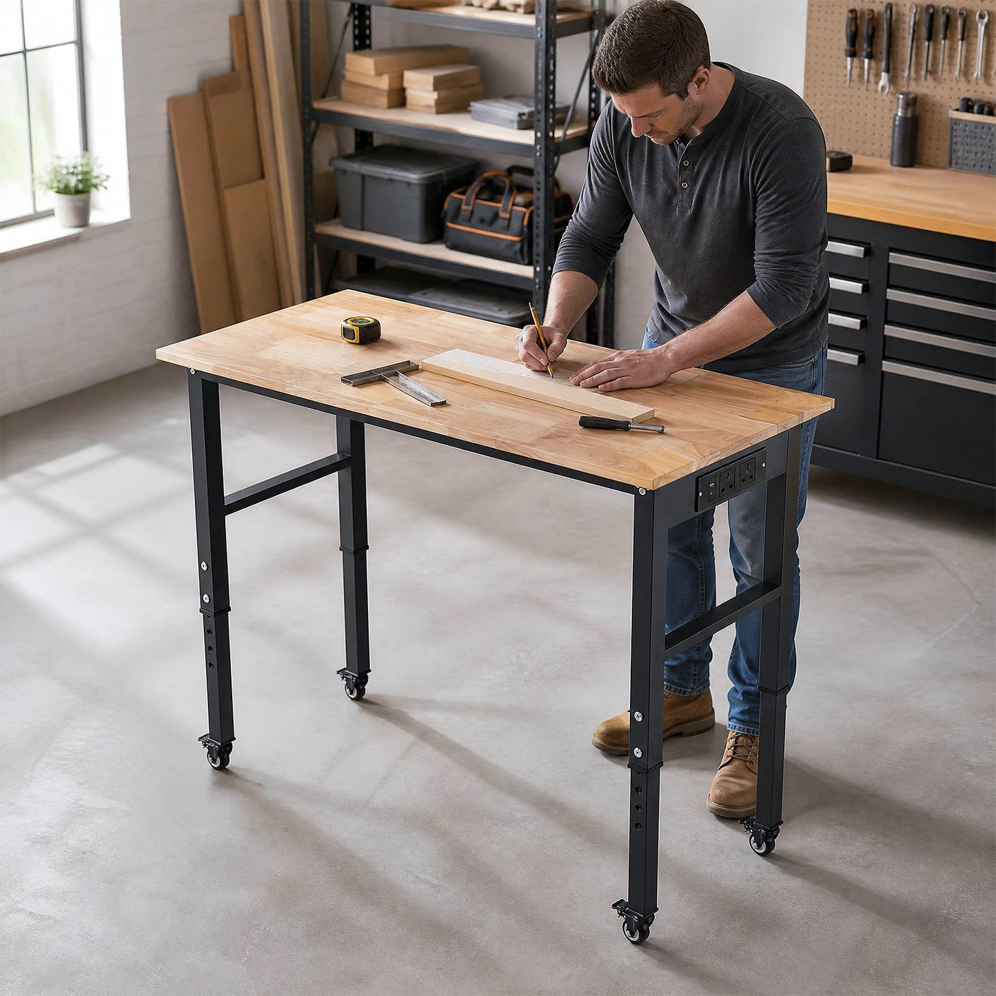 46 Inch Adjustable Workbench with Wheels and Power Outlet Oak Top for Garage-Natural