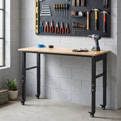 46 Inch Adjustable Workbench with Wheels and Power Outlet Oak Top for Garage-Natural