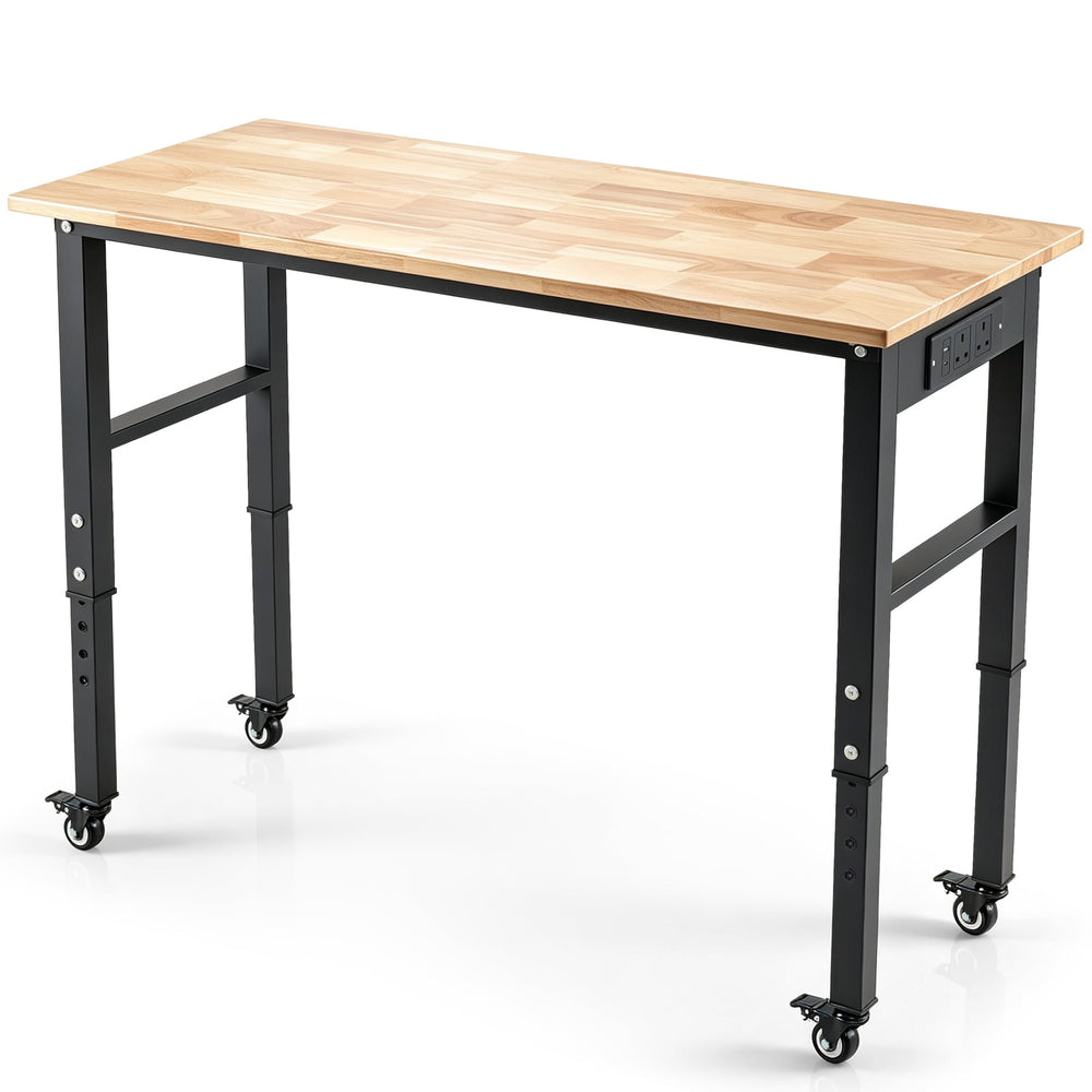 46 Inch Adjustable Workbench with Wheels and Power Outlet Oak Top for Garage-Natural