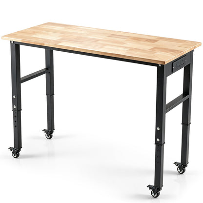 46 Inch Adjustable Workbench with Wheels and Power Outlet Oak Top for Garage-Natural