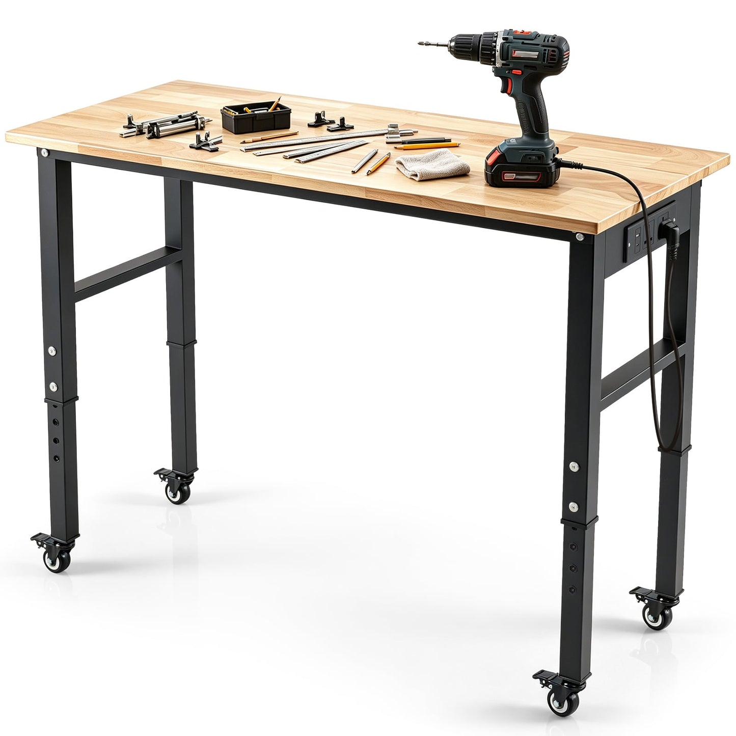 46 Inch Adjustable Workbench with Wheels and Power Outlet Oak Top for Garage-Natural