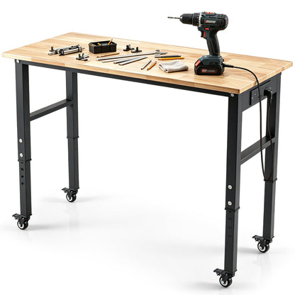 46 Inch Adjustable Workbench with Wheels and Power Outlet Oak Top for Garage-Natural