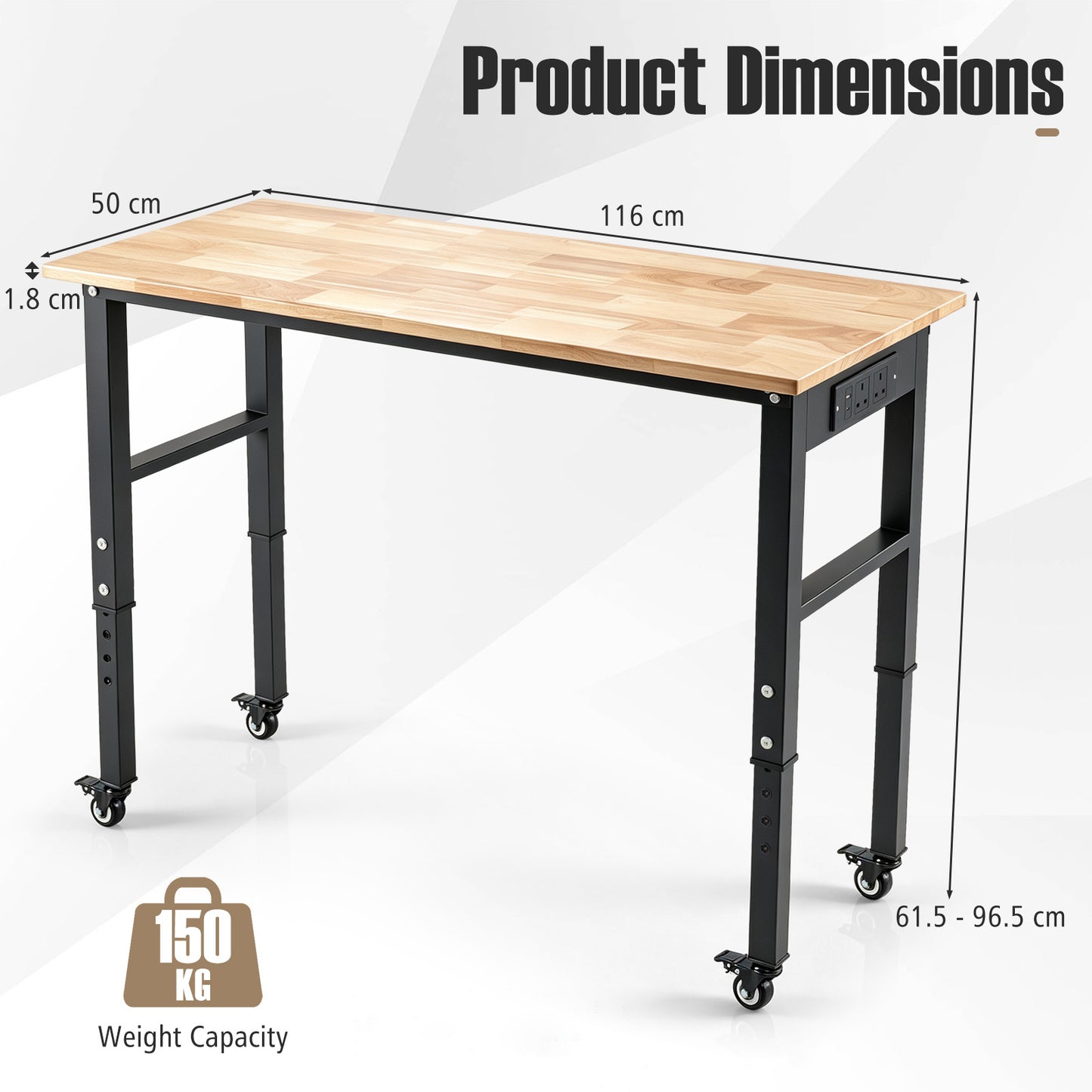 46 Inch Adjustable Workbench with Wheels and Power Outlet Oak Top for Garage-Natural