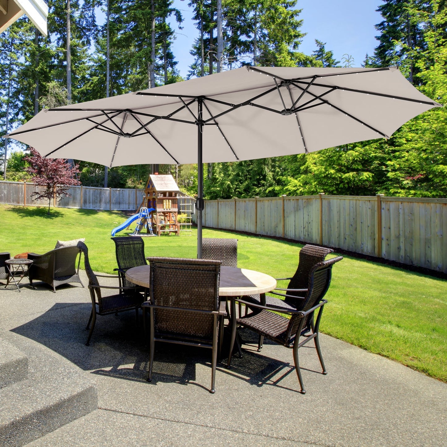 460 cm Twin Patio Umbrella with 48 LED Lights and Auto-Charging Solar Panel-Beige
