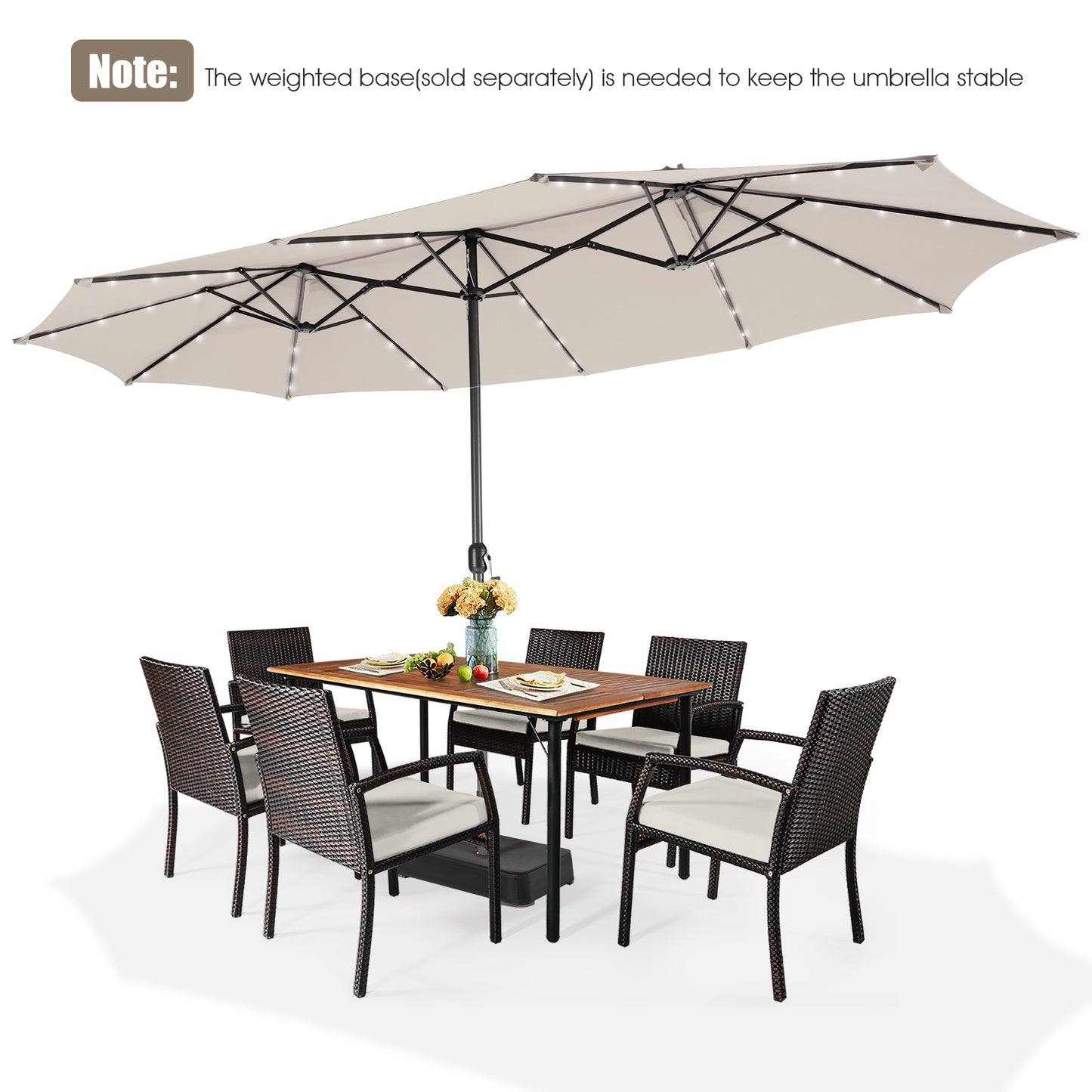460 cm Twin Patio Umbrella with 48 LED Lights and Auto-Charging Solar Panel-Beige