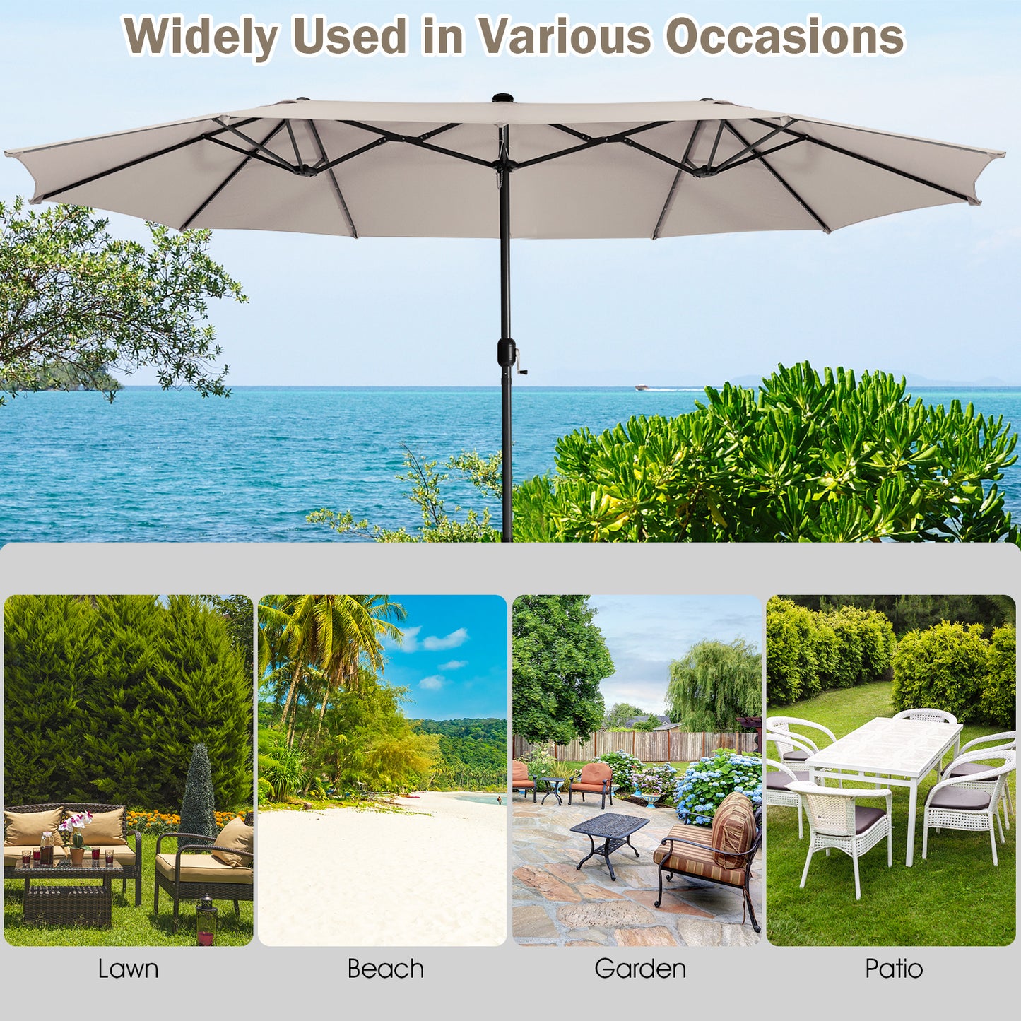 460 cm Twin Patio Umbrella with 48 LED Lights and Auto-Charging Solar Panel-Beige