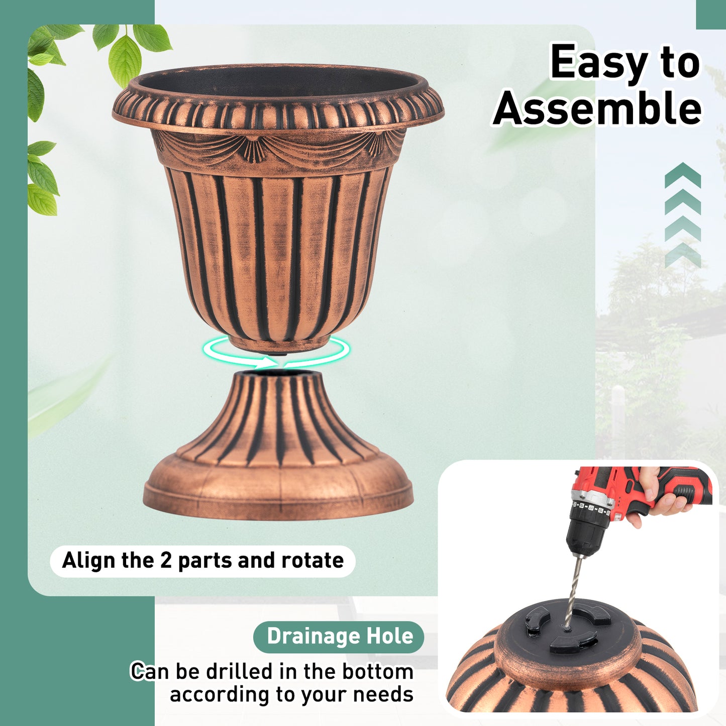 46cm Tall Vintage Planters Set of 2 Urn Plastic Flower Pots-Bronze