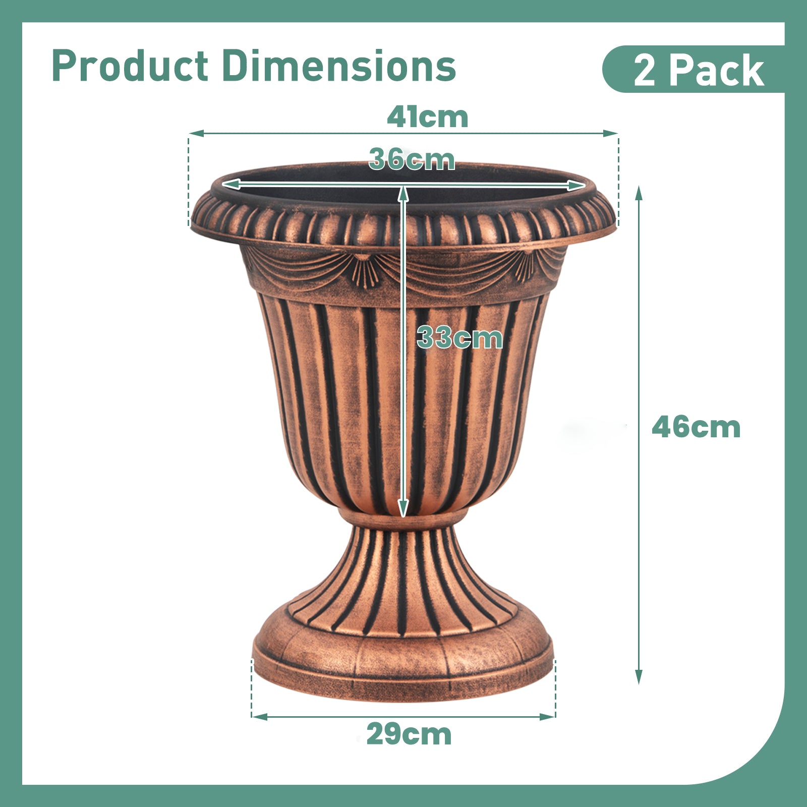 46cm Tall Vintage Planters Set of 2 Urn Plastic Flower Pots-Bronze
