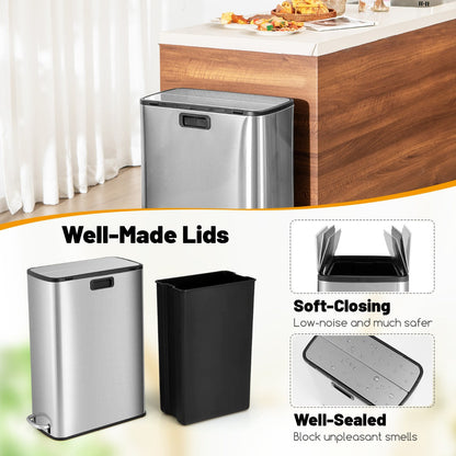 12 Gal Stainless Steel Trash Can with Soft-Closing Wing Lids-Silver