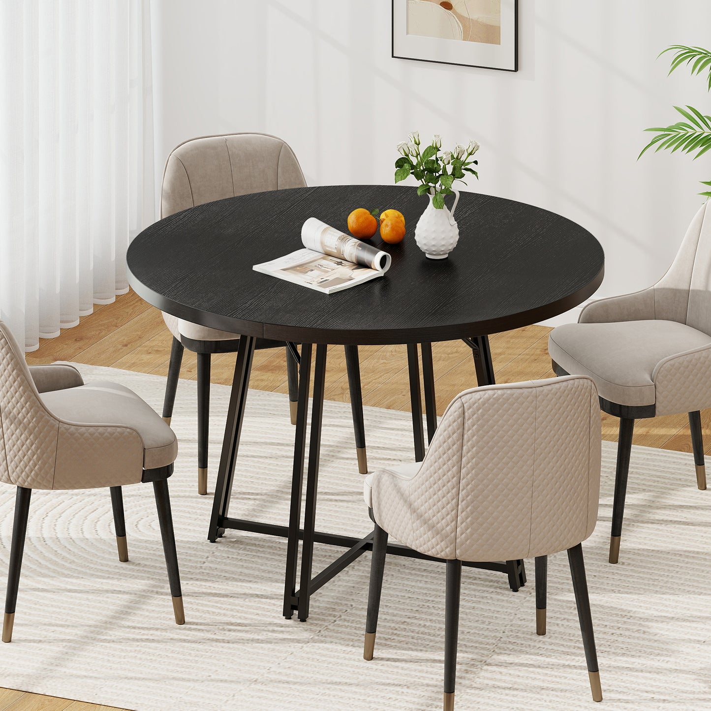 47 Inch Dining Table for 4-6 People Round Kitchen Table with 8 Metal Supporting Legs and Cross Base-Black