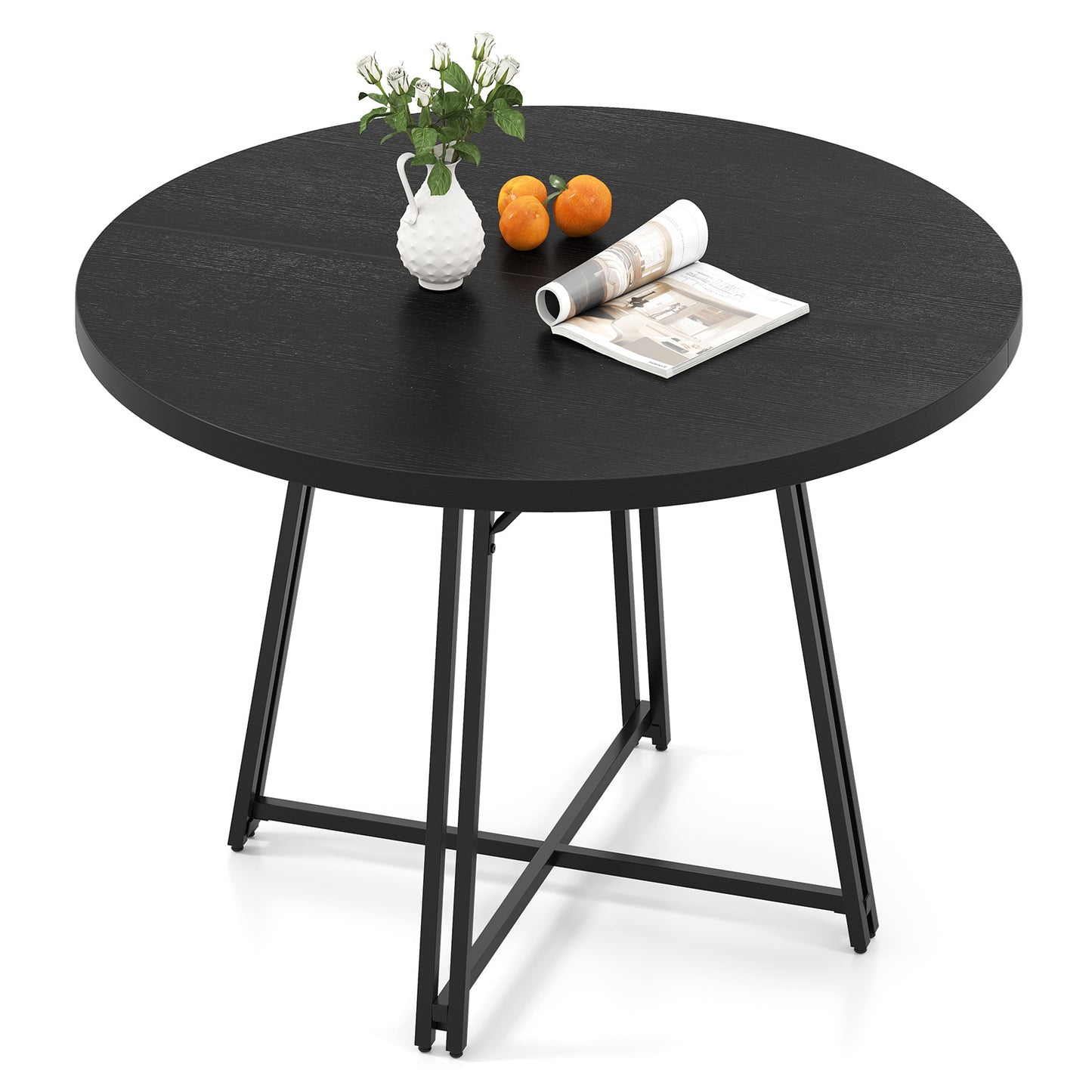 47 Inch Dining Table for 4-6 People Round Kitchen Table with 8 Metal Supporting Legs and Cross Base-Black