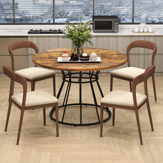 Round Dining Table for 4 with Wooden Tabletop and Metal Base-Rustic Brown